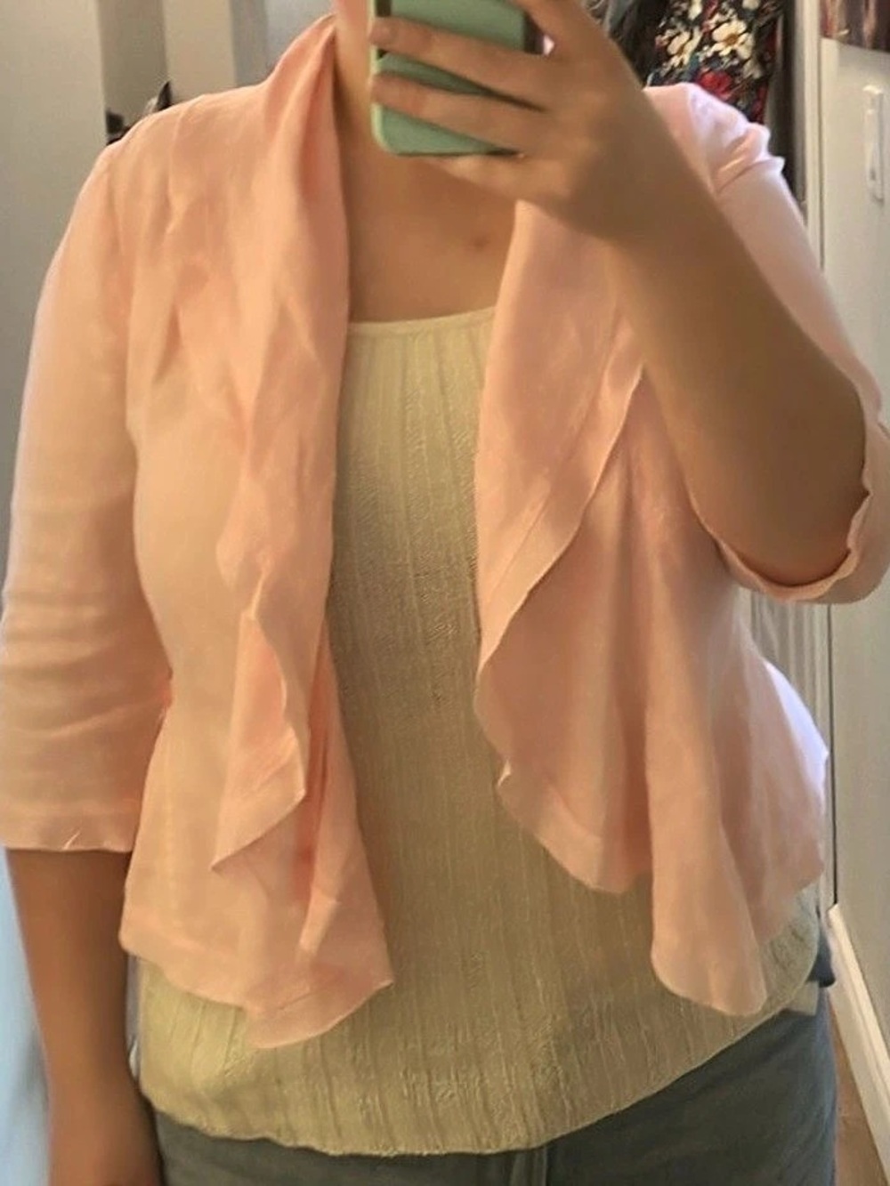 Pink Linen Ruffle Front Jacket